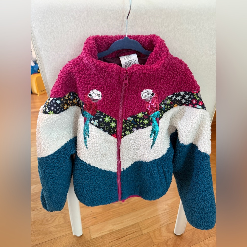 ☺️Disney Encanto Faux Shearling Jacket Girls 11/12 Chevron Bird Sequin